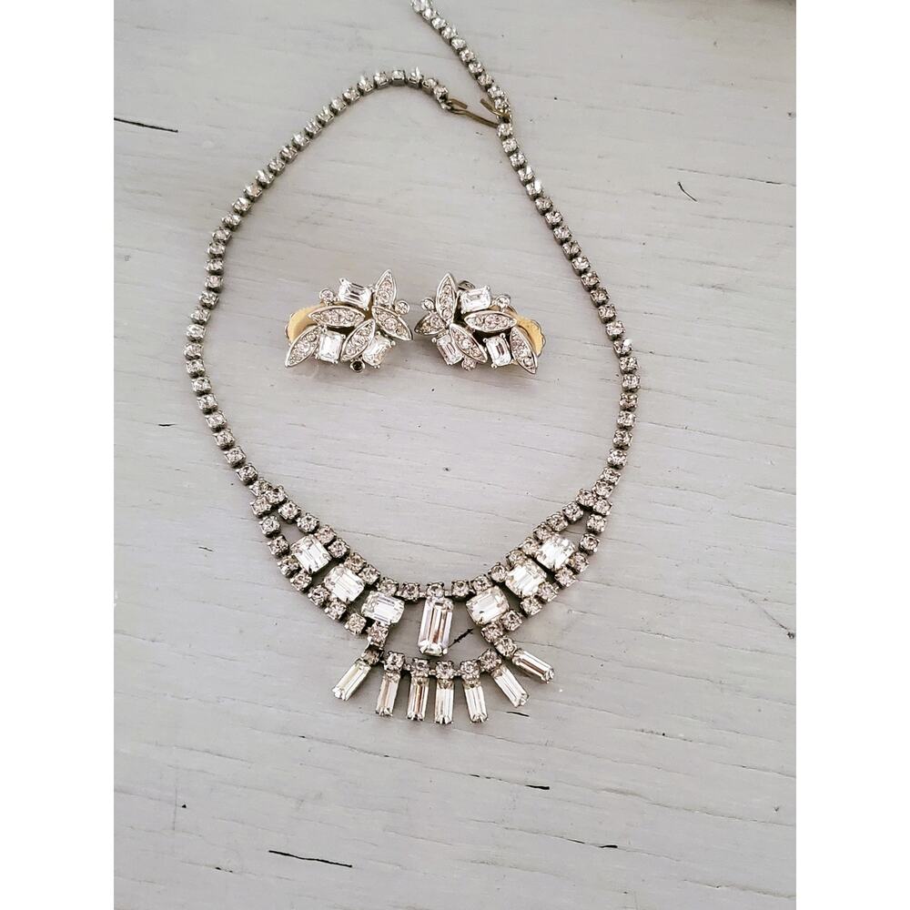 Vintage Clear Rhinestone Choker Necklace and Earring Set